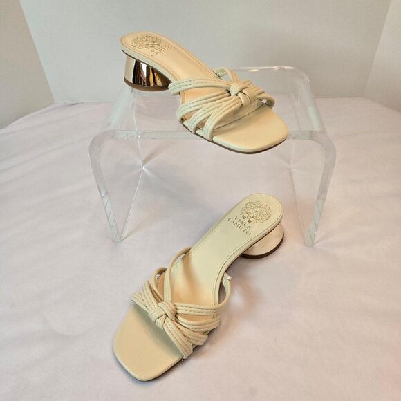 VINCE CAMUTO Laniah Leather Sandals  Block Heel Women Sz 7.5 Cream W/ Gold Heel - Picture 4 of 10
